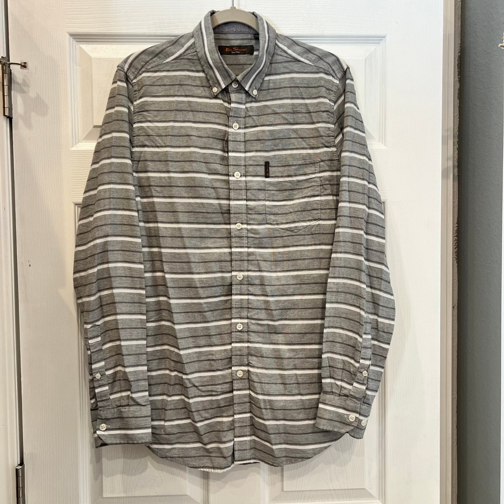 Ben Sherman Button Down Shirt Cotton Grey White Striped Mod Style Lt Academia L